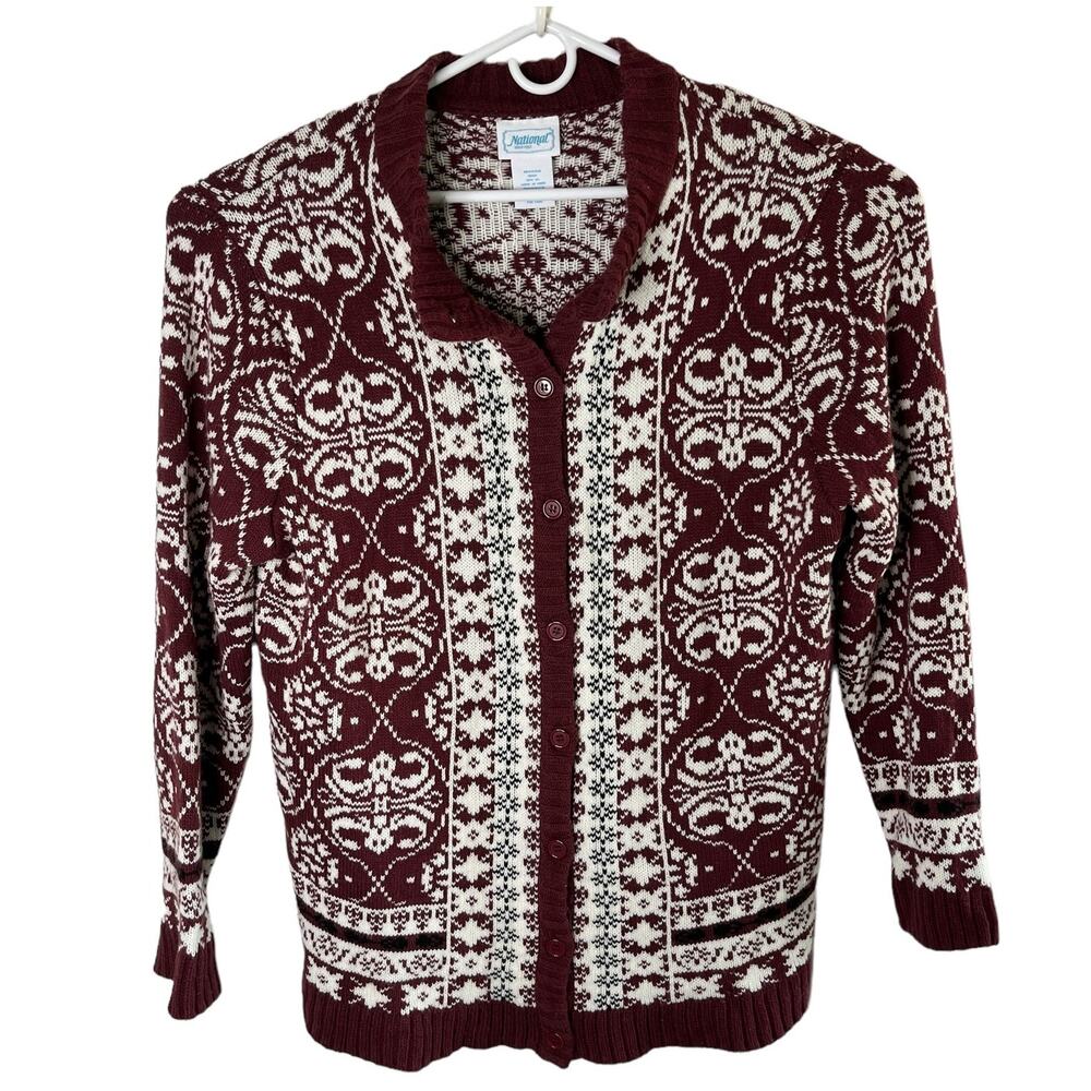 Vintage National Cardigan Sweater 2X Wine Cream